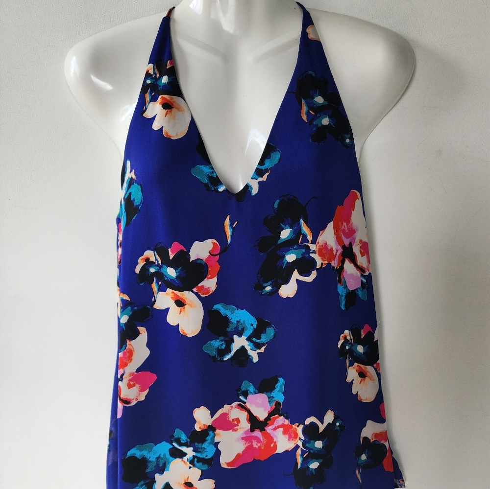 Sam Edelman Royal Blue V Cut Halter Style Floral Top Size XS
